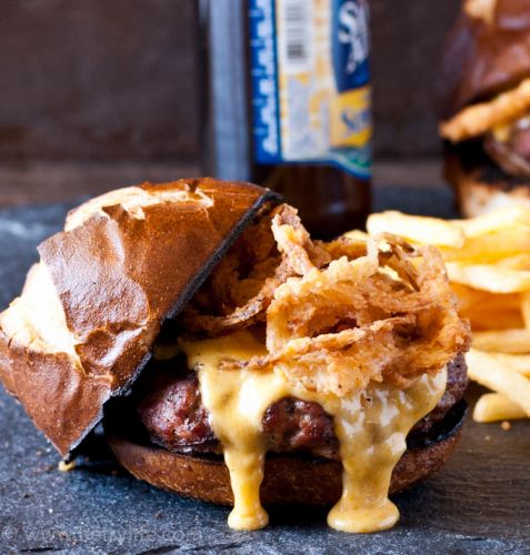 Beer Cheese Burgers with Crispy Onions