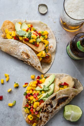 Beer battered tofu tacos with mango salsa