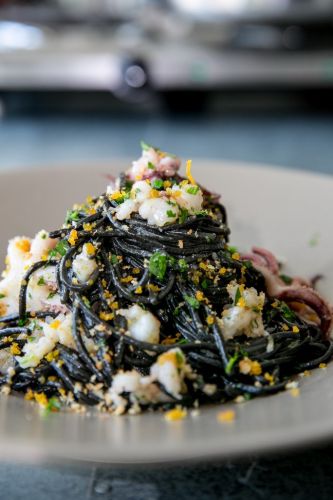 Black ink pasta with rock shrimp & bottarga