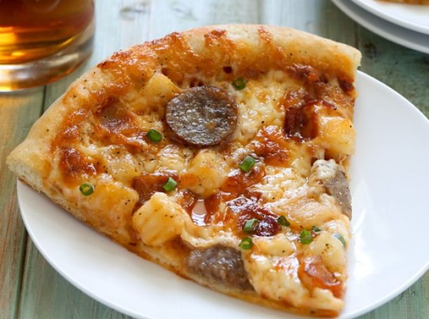 53. Bratwurst and potato pizza with beer crust