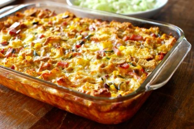 Breakfast strata with ham, zucchini and corn