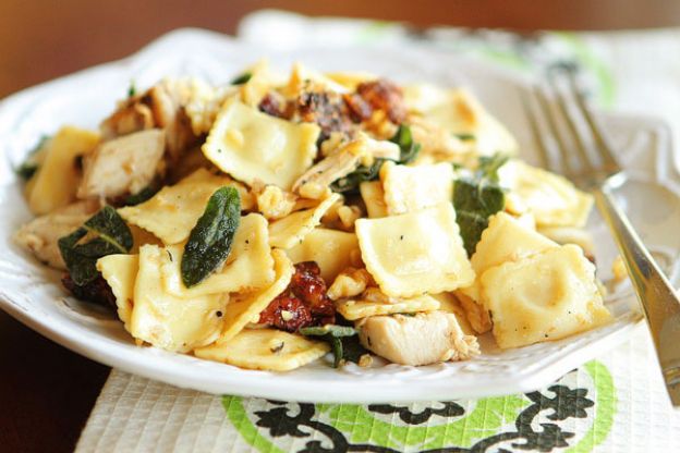 Brown butter ravioli with rotisserie chicken, toasted walnuts and crispy sage