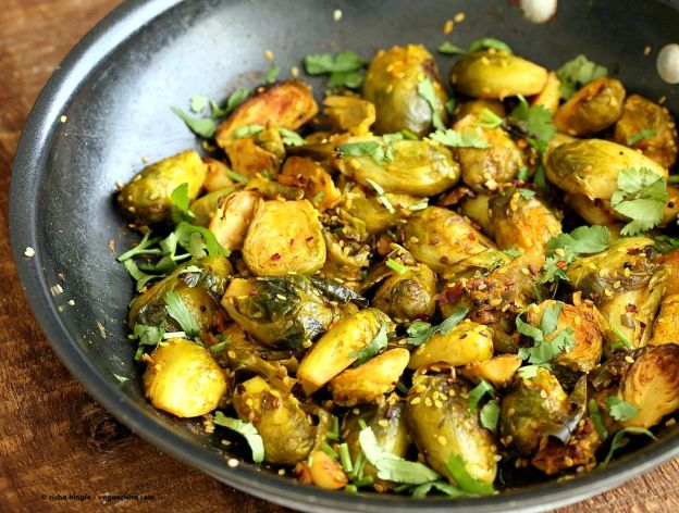 Pan Roasted Brussels Sprouts Subzi With Turmeric, Cumin And Mustard Seeds