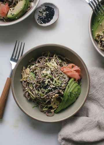 Brussels Sprouts Soba Noodle Salad with Miso-Tahini Dressing