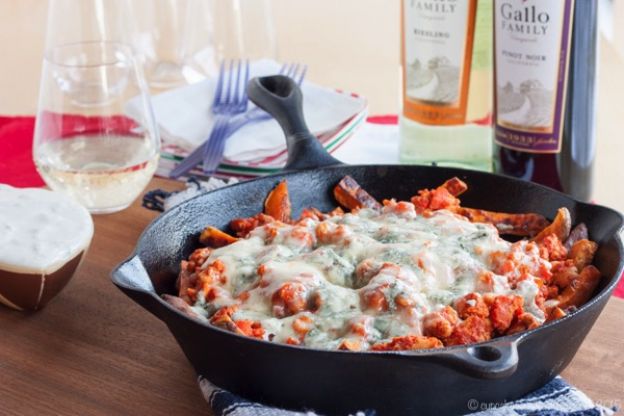 Buffalo chicken loaded baked sweet potato fries