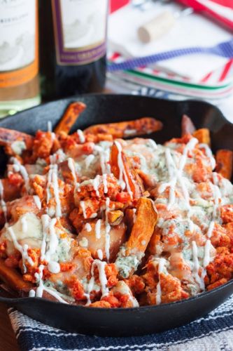 Buffalo chicken loaded baked sweet potato fries