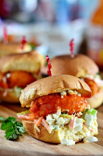 Beer battered buffalo shrimp sliders