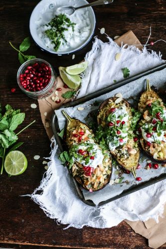 Middle Eastern bulgur stuffed eggplants