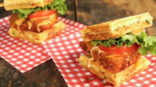 Buttermilk Fried Chicken and Bacon Cheddar Waffle Sandwich