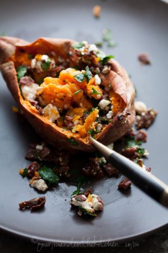 Baked Sweet Potatoes Stuffed with Feta, Olives and Sundried Tomatoes