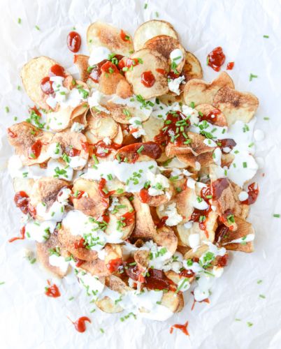 Homemade Potato Chips with Sriracha BBQ Sauce and Greek Yogurt Blue Cheese