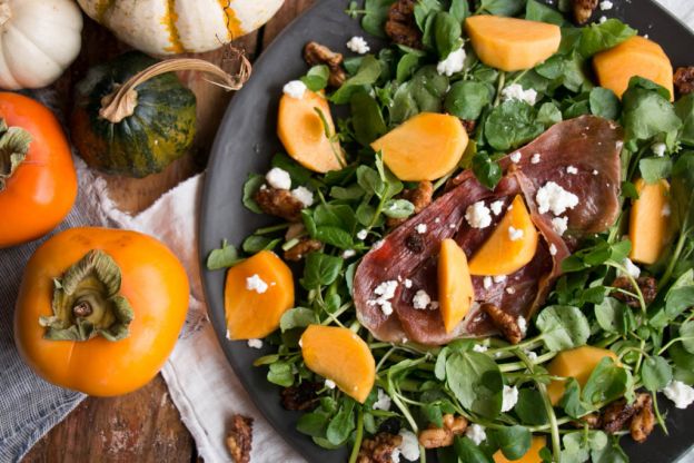 Persimmons and Watercress Salad with Candied Walnuts and Goat's Cheese