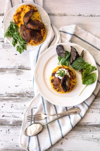 Polenta Cakes with Portobello Mushrooms and Burrata