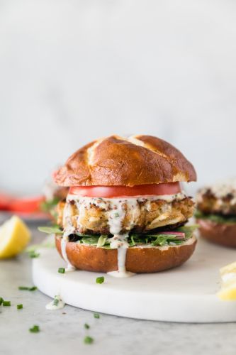 Maryland Style Crab Cake Sandwich with Chive Honey Mustard