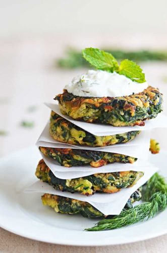 Zucchini, Feta, and Spinach Fritters with Garlic Tzatziki