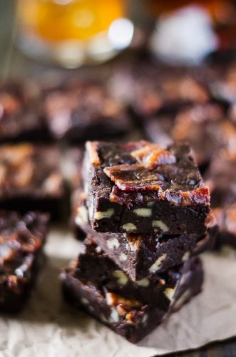 Black Bourbon Walnut Brownies with Maple-Candied Bacon