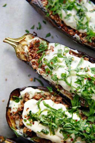 Loaded Grilled Eggplant with Creamy Herb Sauce