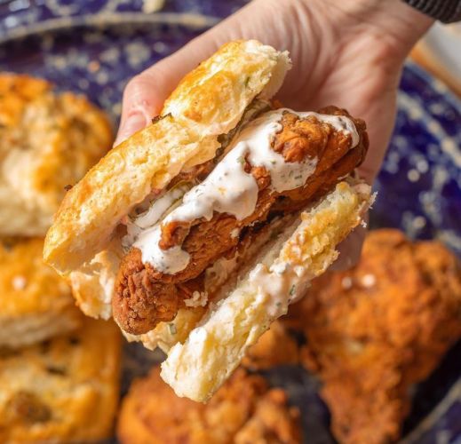 Fried Chicken and Biscuits with Smoked Calabrian Ranch Honey Butter and Hot Sauce