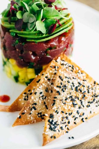 Hawaiian Bigeye Tuna Tower with Wonton Crisps