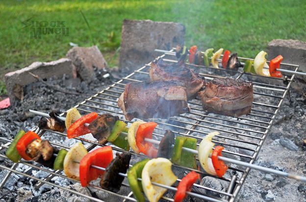 Cajun Crusted Bacon Wrapped Filet Mignon with Veggie Skewers