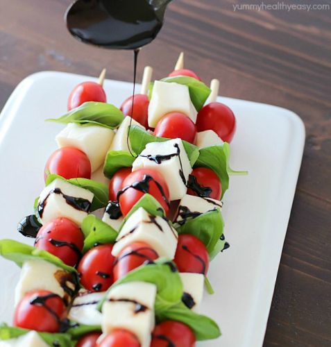 Caprese skewers with balsamic reduction drizzle