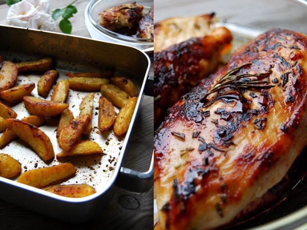 Caramelised Elderflower Rosemary Chicken with Spicy Potato Wedges