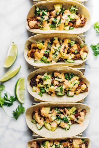 Caramelized pork tacos with pineapple salsa and Sriracha mayo