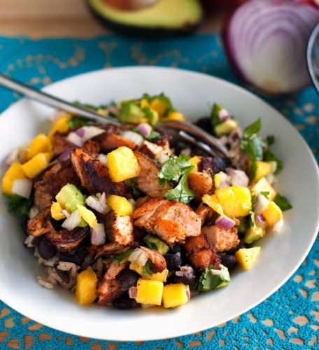 Caribbean jerk salmon bowl with mango salsa