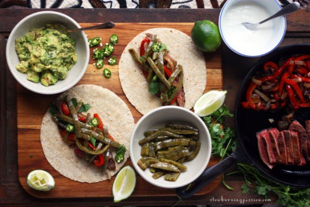 Carne asada tacos topped with nopales