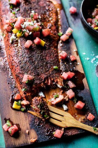 Cedar Plank Salmon With Watermelon Feta Salsa