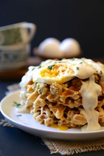 Leftover Thanksgiving Brunch Waffles with Fried Egg & Gravy