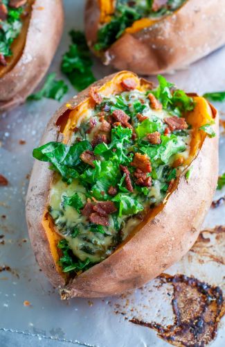 Cheesy Kale Stuffed Sweet Potatoes