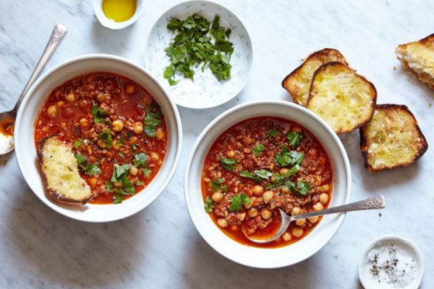 chickpea, farro, and chorizo in sofrito brodo