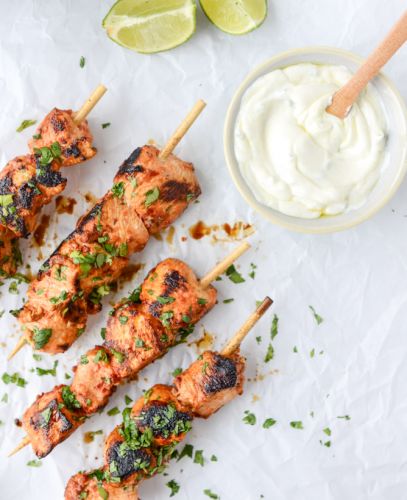 Chili Garlic Chicken Skewers with Greek Yogurt Dip