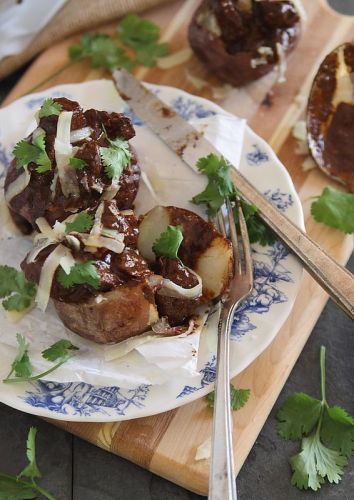 Chocolate Red Wine Beef Stew Stuffed Potatoes