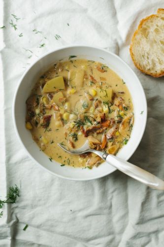 Chanterelle chowder with bacon and corn