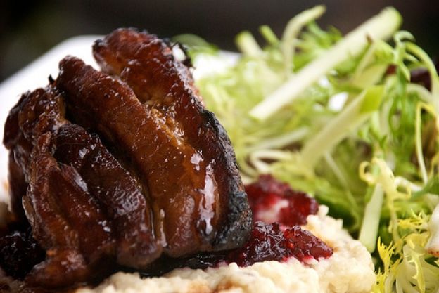 Cider Braised Pork Belly with Cranberry Chutney and Apple Frisée Salad