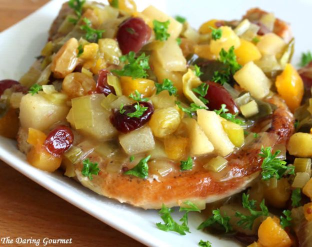 Cider Pork Chops with Leek & Dried Fruit Compote