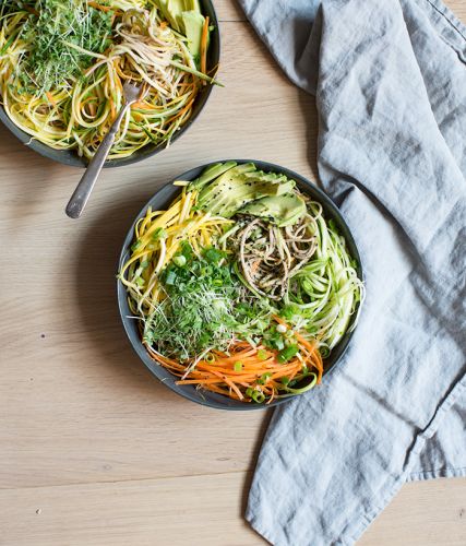 Cold Soba Noodle Salad with Raw Veggie Noodles and Spicy Sunflower Seed Sauce