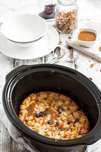 Slow-cooker cranberry walnut bread pudding with caramel sauce