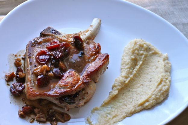 Cranberry and pecan-stuffed pork chops with apple-parsnip mash