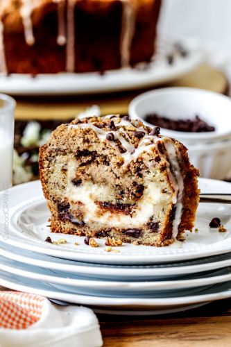 Cream cheese stuffed chocolate chip banana bread coffee cake