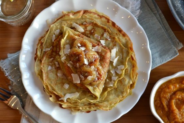 Spiced sweet potato crepes with caramelized bananas