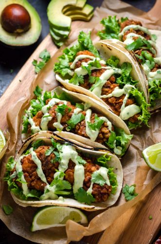 CRISPY CHICKEN TACOS WITH AVOCADO BUTTERMILK RANCH