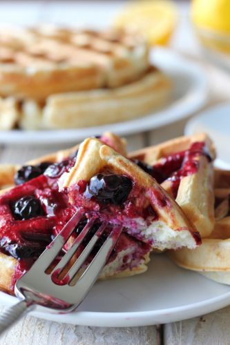 Lemon Belgian Waffles with Blueberry Syrup