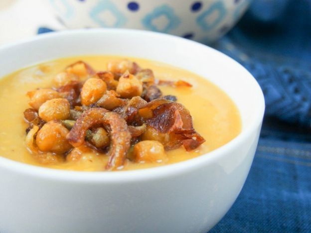 Delicata Squash Soup with Curried Chickpeas and Onions