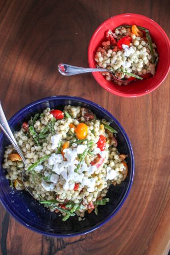 Couscous Salad with Pesto, Goat Cheese, and Veggies