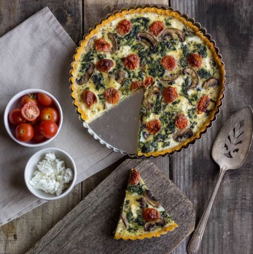 Breakfast Tart With Slow-Roasted Tomatoes, MUshrooms And Goat Cheese