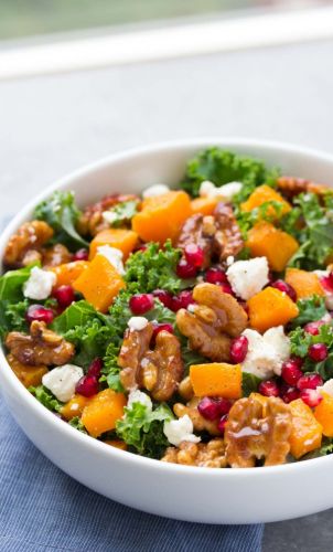 Butternut Squash and Pomegranate Kale Salad with Spiced Honey Walnuts