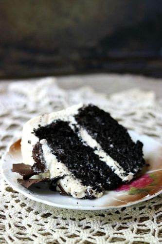 dark chocolate layer cake with irish cream frosting